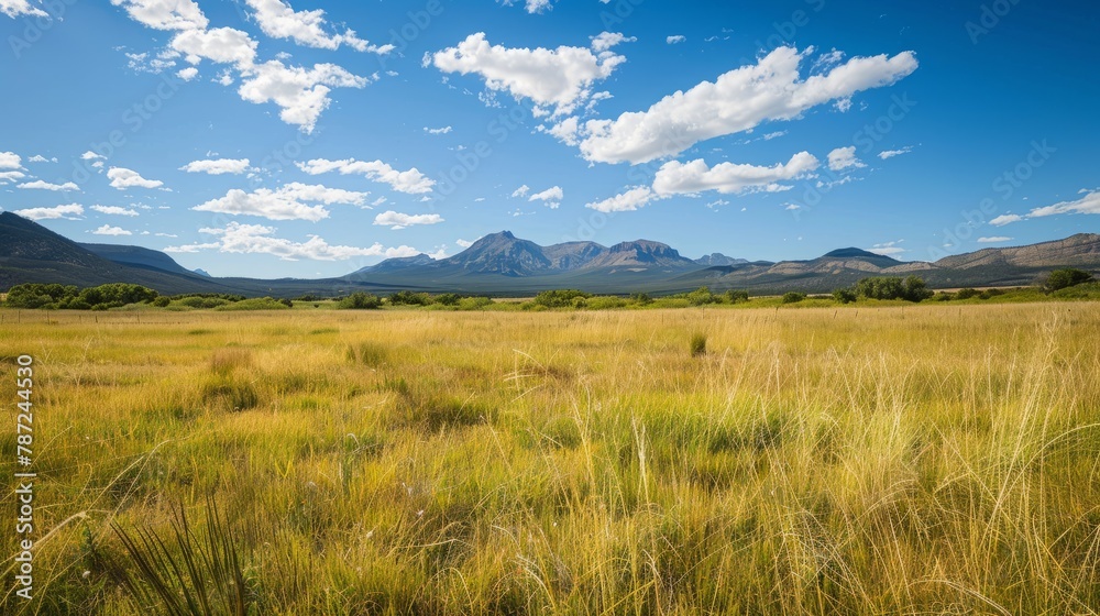 A vast grassy field with towering mountains in the distance, showcasing a conservation easement to protect wildlife habitats