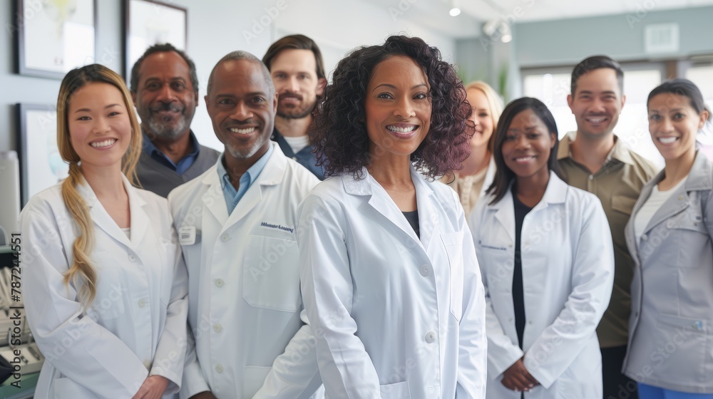 A diverse group of male and female doctors standing together in a room
