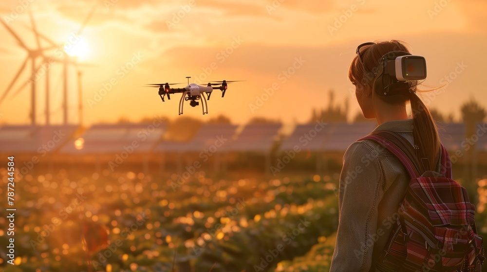 custom made wallpaper toronto digitalYoung Woman Using Smart Glasses to Control Drone Over Sustainable Farming Field with Wind Turbines and Solar Panels at Sunset