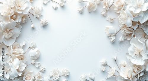 Floral wedding flower elements on white background, frame. Creative floral composition illustration with white flowers, blossom. Trendy pastel colour for invitation, brochure, greeting card, textile © Happy Lab