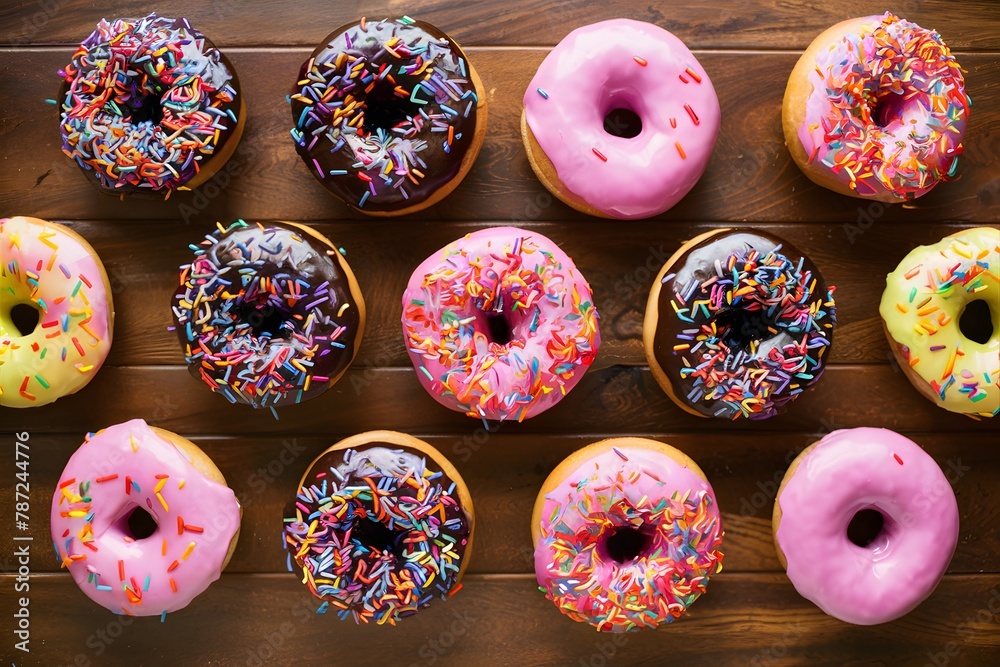 Donuts arranged on a kitchen table, sweet treats in abundance Donuts arranged on a kitchen table, sweet treats in abundance