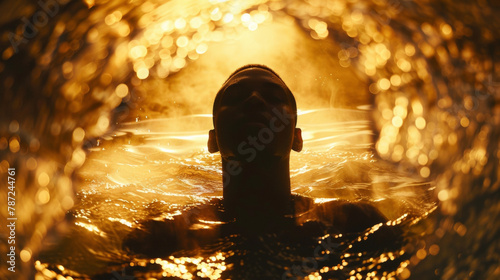 The play between light and dark is captured in the flowing movements of a black man submerged in water his silhouette creating a striking contrast against the ly illuminated background. .