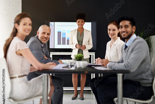 Business people, woman and group with portrait for presentation of data analysis with graph and financial growth. Collaboration, trainer and happy in meeting with stats report and diversity by table