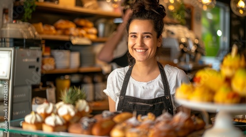 A woman proudly stands before a counter filled with freshly baked pastries in a small pastry shop, showcasing her creations