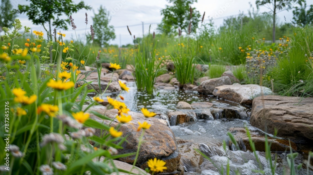 Fototapeta premium A stream cuts through a vibrant green field, creating a striking contrast with the surrounding lush vegetation