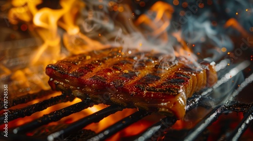 Close-up of a steak cooking on a grill, showcasing the sizzling and charring process