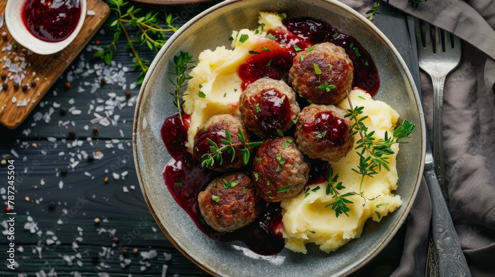 A bowl filled with Swedish meatballs and mashed potatoes topped with lingonberry sauce, displayed in a top view flat lay setting