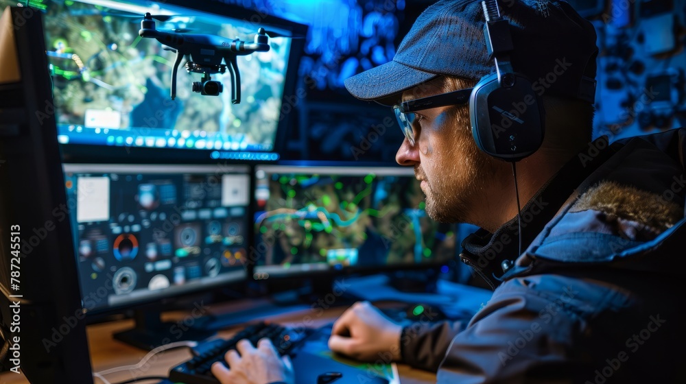 A man is seated at a computer, wearing headphones, while monitoring a drone flight path on multiple screens