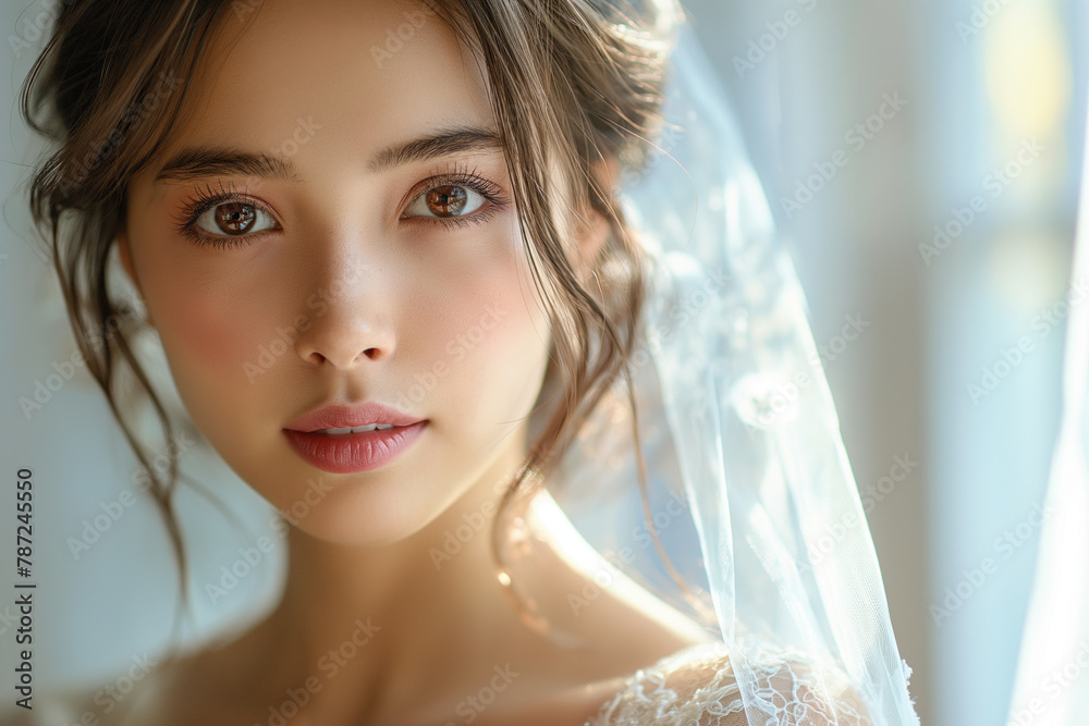 Bride in contemplative serenity, her visage framed by a soft veil and delicate lace in gentle light Bride in contemplative serenity, her visage framed by a soft veil and delicate lace in gentle light