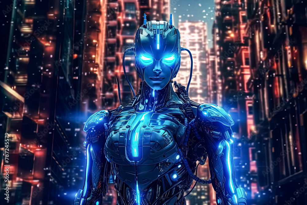 A female robot model poses against a vibrant blue background