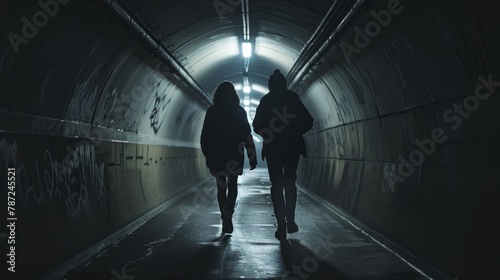 Two individuals are walking deeper into a dark tunnel, with only partial illumination visible from behind