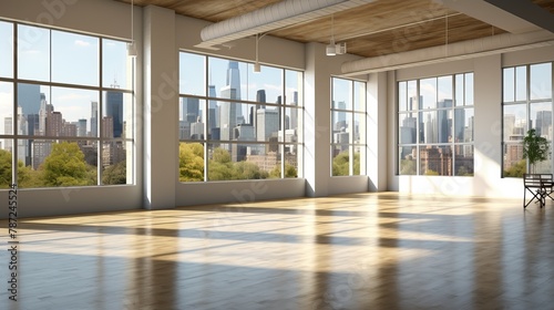 Cityscape view from modern empty room with large windows © Adobe Contributor
