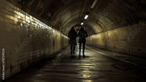 A couple of individuals walking deeper into a dark tunnel, partially illuminated, seen from behind