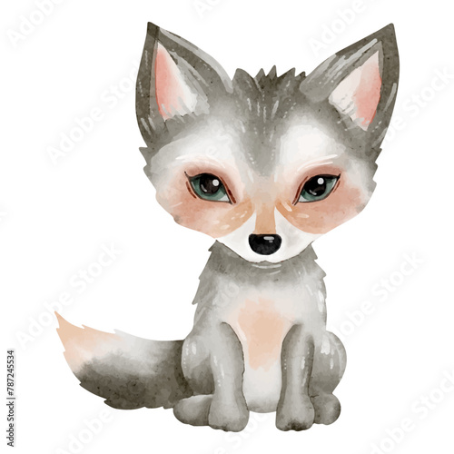 Watercolor baby wolf. Cute little wolf in watercolor painting style.