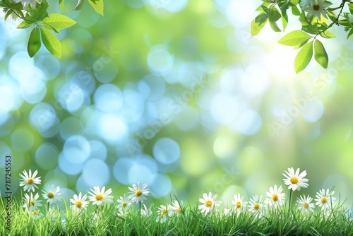 Blurred spring meadow with sunny gradient sky and defocused bokeh nature background