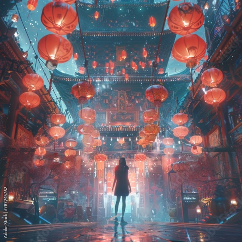 In the cyberpunk style, there is an ancient woman wearing red traditional standing in front of many lanterns hanging on both sides of the room.