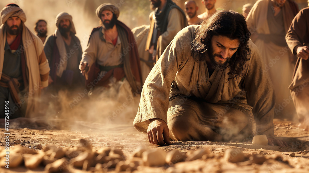 Fototapeta premium Jesus Christ is writing in the sand the sins of the people who are close to him