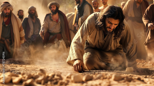 Jesus Christ is writing in the sand the sins of the people who are close to him photo