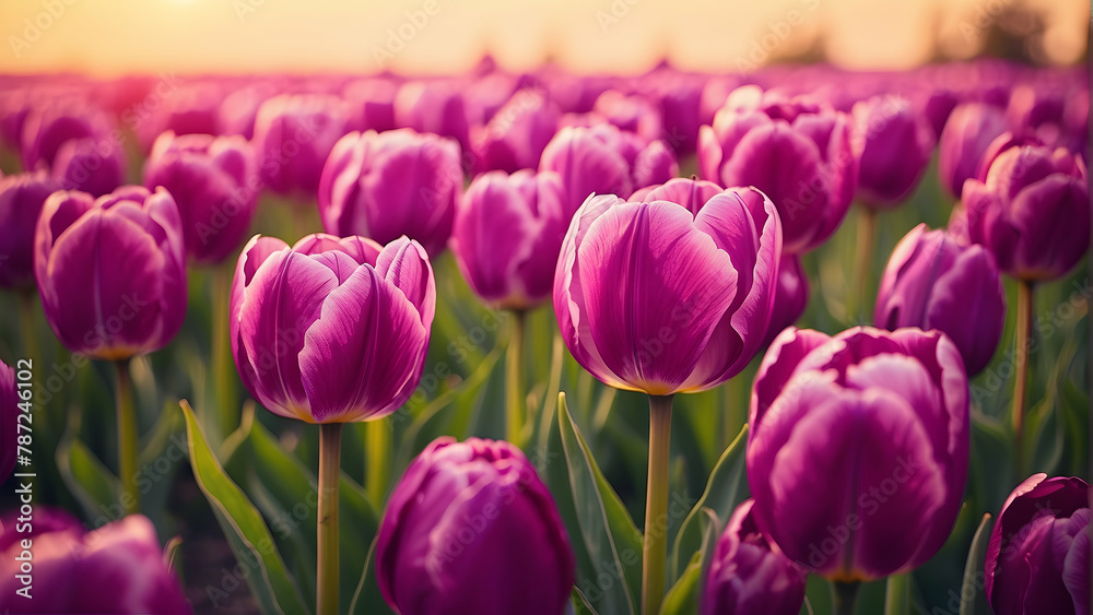 A majestic field of purple tulips bathed in the warm golden glow of sunset, conveying beauty and serenity A majestic field of purple tulips bathed in the warm golden glow of sunset, conveying beauty and serenity