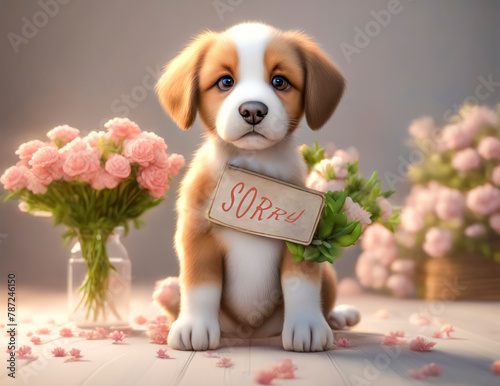 A cute touching dog asks for forgiveness and an apology. A charming dog with a sign SORRY