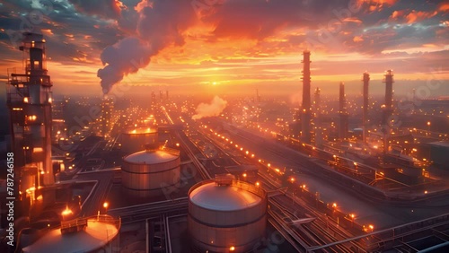 Multiple factory stacks belch thick smoke into the sunset sky, towering over the colorful horizon, highlighting human impact on the environment photo
