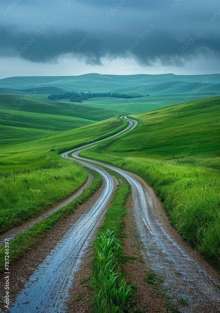 Curving rural road through the green hills