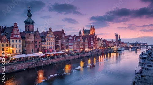 Beautiful Gdansk over the Motlawa river at dusk. Poland