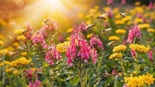 Bees working, in Jardim Radiante, among Colorful Flowers at Sunset.