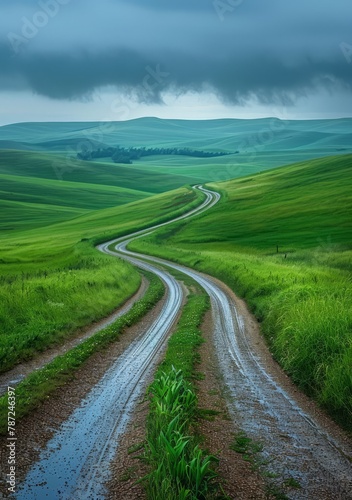 Curving rural road through the green hills