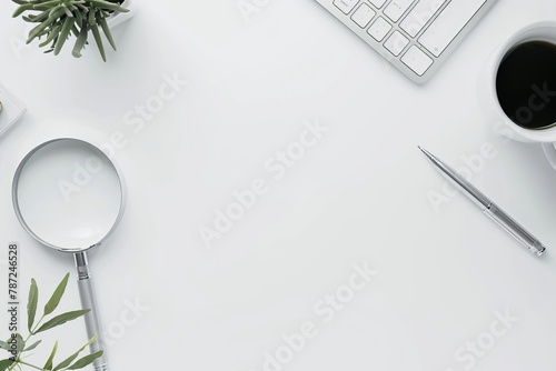Minimalist workspace with coffee and magnifying glass