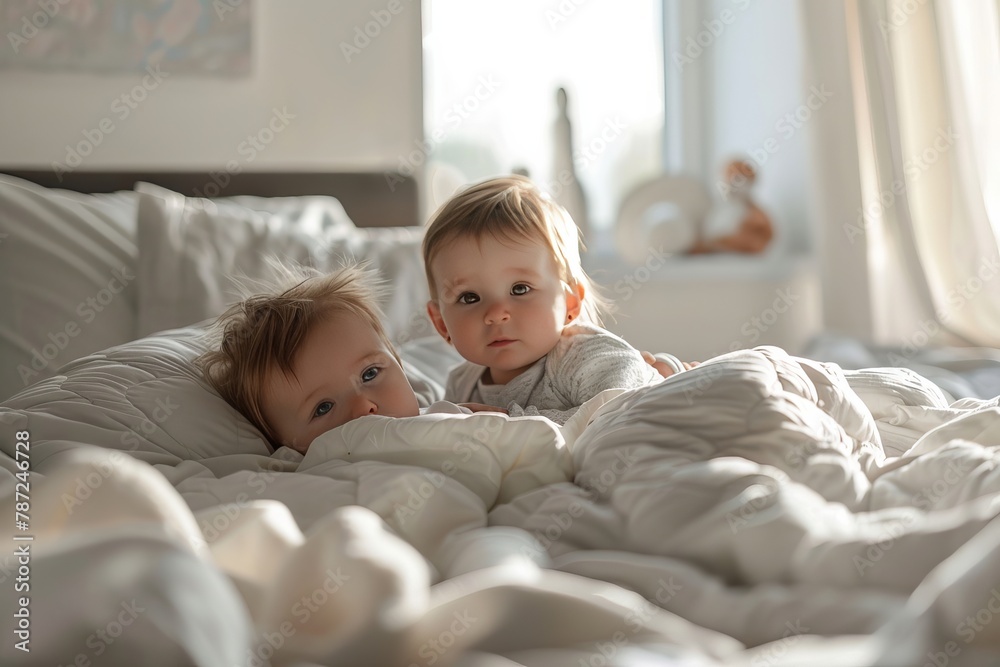 Two adorable toddlers peeking from bed Two adorable toddlers peeking from bed