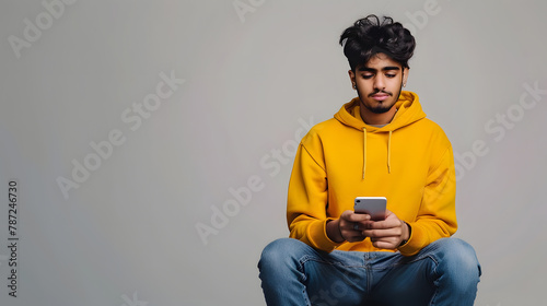 Full body young Indian man in casual yellow hoody sitting nead big huge blank screen mobile cell phone with workspace show area use mobile cell phone isolated on plain grey background  : Generative AI photo