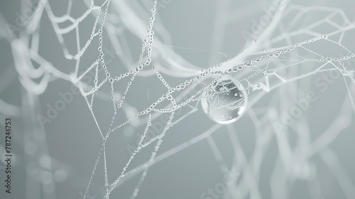 A black and white macro photo of a single, dewdrop clinging to a pristine white spiderweb.3D rendering photo