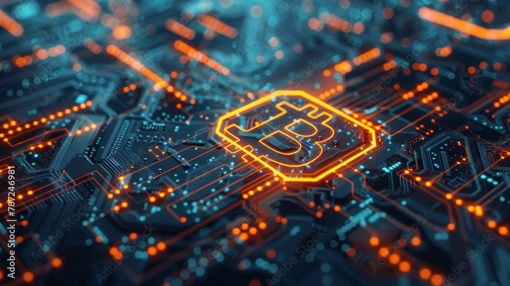 Fototapeta premium A circuit board with glowing pathways resembling the bitcoin logo, data flowing like electricity through the traces.3D rendering.