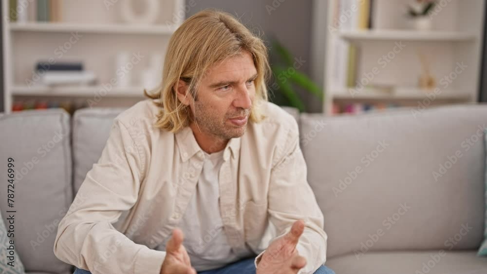 Caucasian man with long blond hair talking animatedly in a modern living room. Caucasian man with long blond hair talking animatedly in a modern living room.