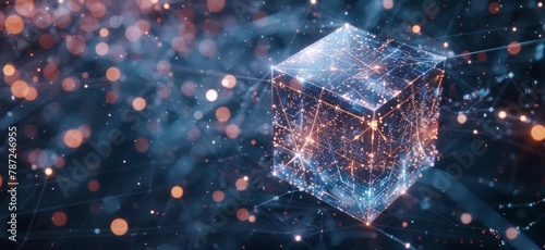 A chrome cube floating in space, its surface covered in a complex network of glowing lines symbolizing blockchain connections.3D rendering photo