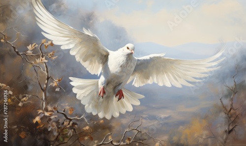 A stunning painting capturing the serene beauty of a white dove gracefully in flight © Umar