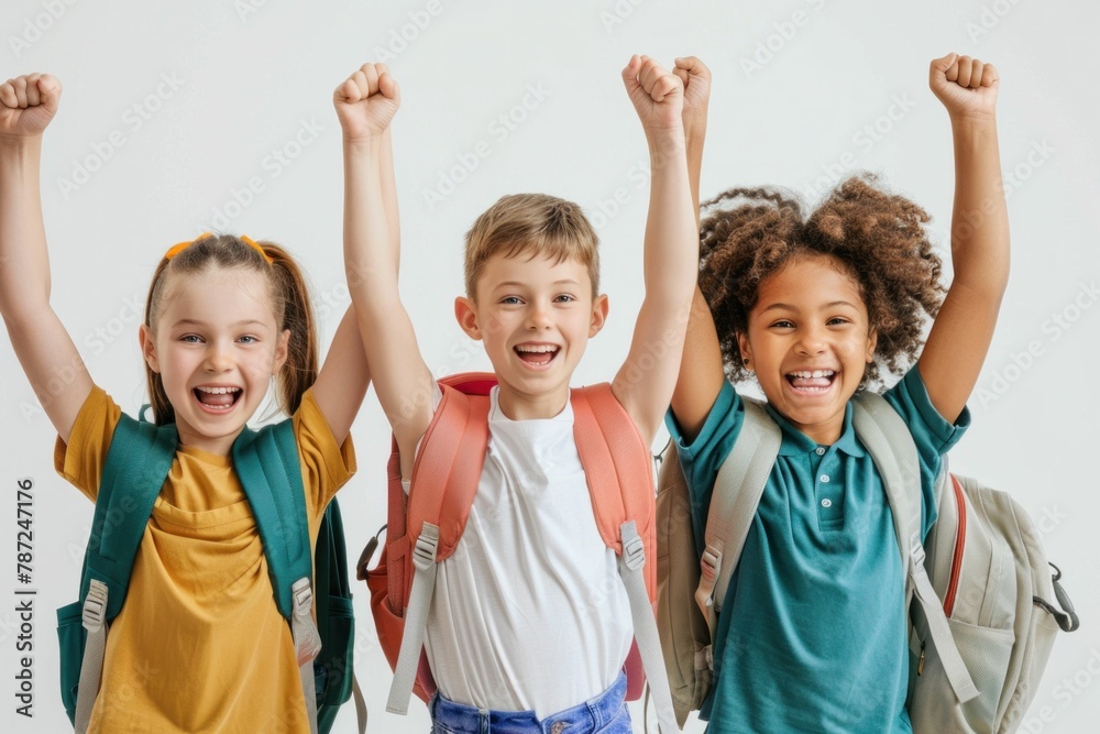 Happy and excited group of three children with backpacks raising their hands in the air on a white background Happy and excited group of three children with backpacks raising their hands in the air on a white background