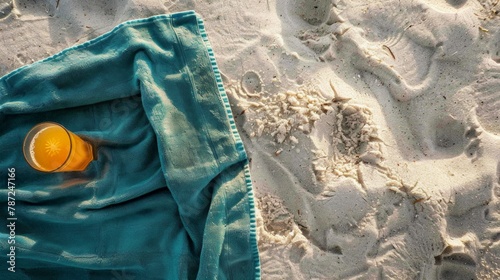 a folded beach towel on the sand with a drink next to it on the sand shot from above --ar 16:9 Job ID: 11a34e96-b20b-4c84-9a0d-7a1159e8f7ee photo