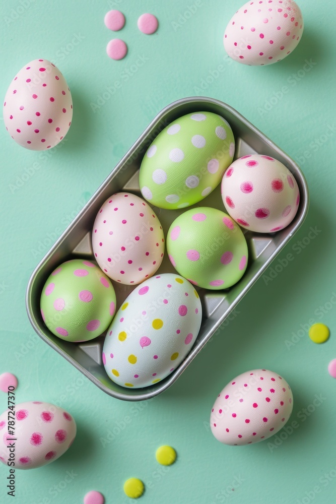 Colorful Easter Eggs in Tin on Turquoise Background with Polka Dot Pattern, Vibrant Spring Holiday Decoration Concept
