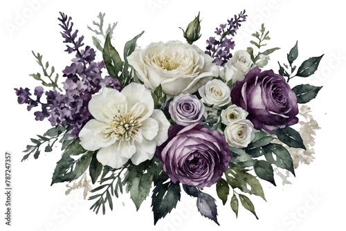 Watercolor purple and white flowers bouquet, blooms with green leaves on transparent background