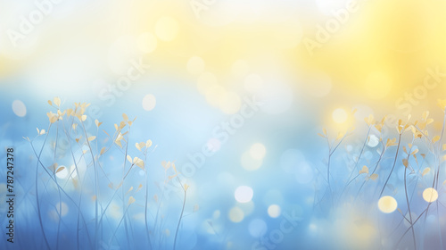Delicate flowers bask in a dance of ethereal light, with soft bokeh and a dreamy blue and yellow gradient evoking a tranquil, sunny meadow.