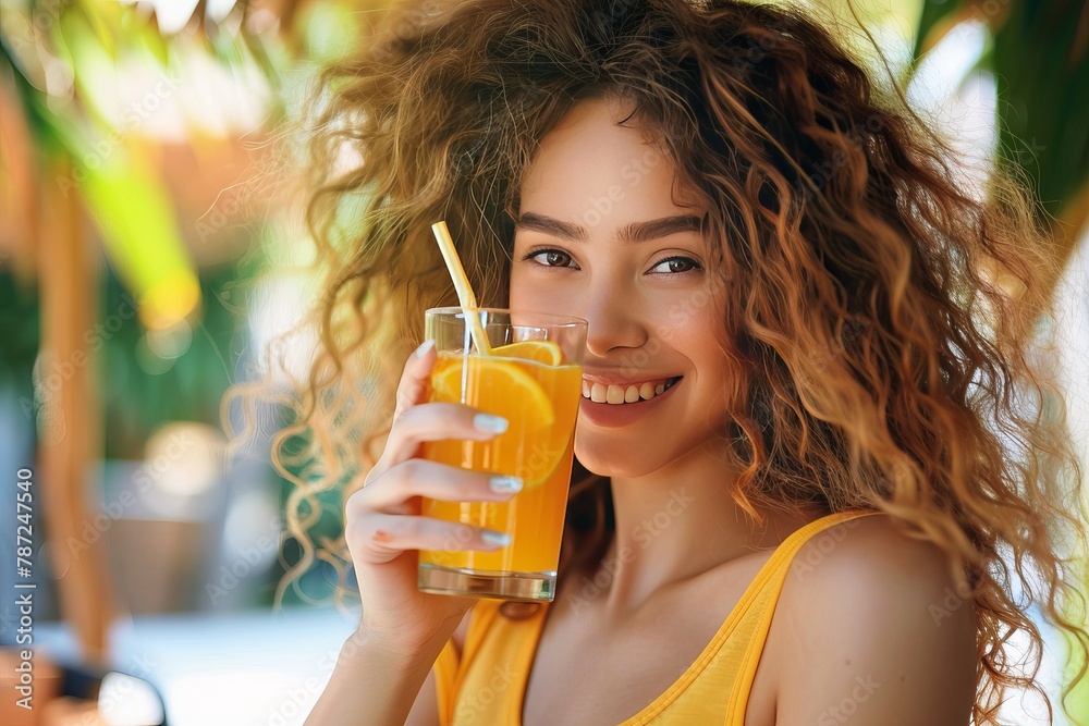 Smiling woman holding a glass of orange juice Smiling woman holding a glass of orange juice