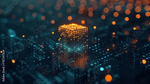 A dark and mysterious scene with a single, illuminated cube floating in the center, its surface displaying a binary code pattern.3D rendering.
