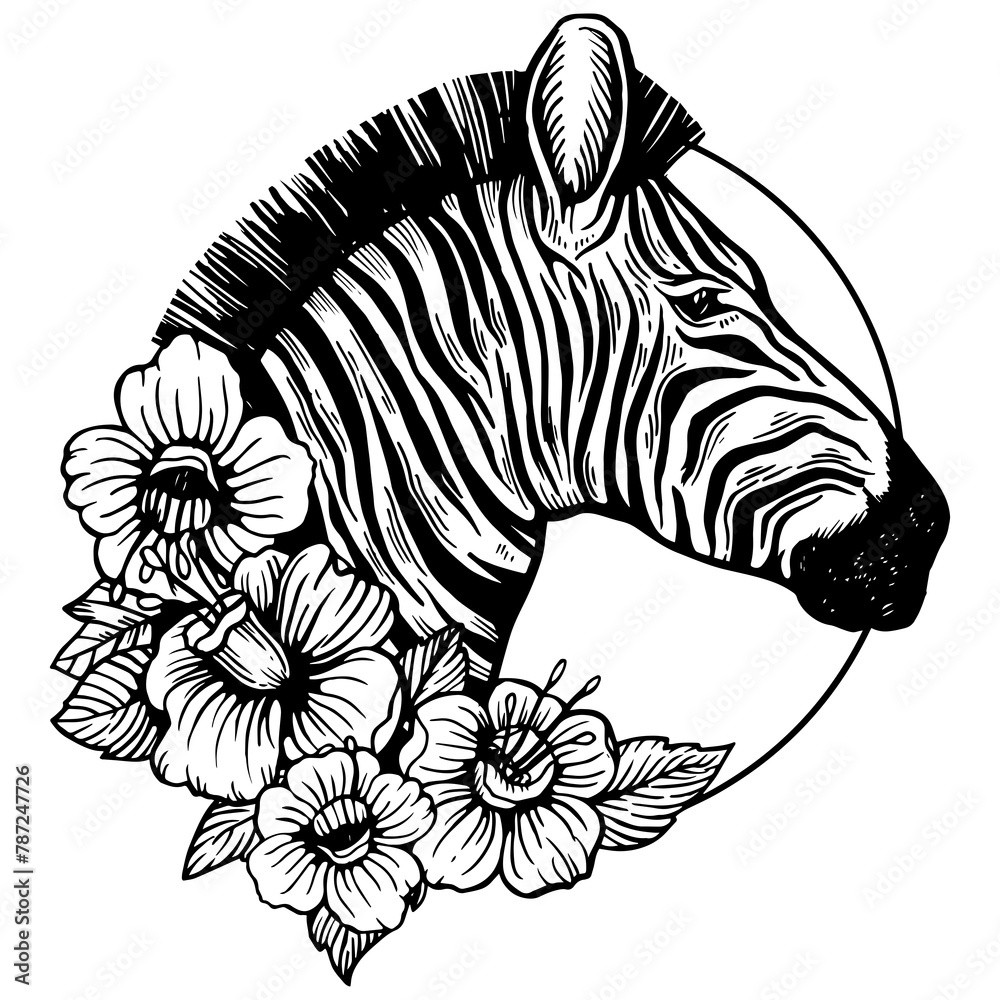 Obraz premium Zebra head animal engraving PNG illustration. Scratch board style imitation. Black and white hand drawn image.