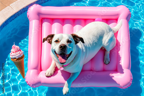 Happy dog on holiday in the pool. Cute dog swimming on a mattress in the pool
