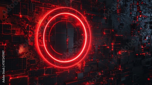 A dark and abstract background with a glowing red circle as the central focus, representing a warning sign or potential danger associated with technology.3D rendering.