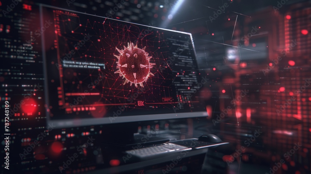 Obraz premium A dark and atmospheric image of a computer screen displaying a low-poly wireframe virus warning message