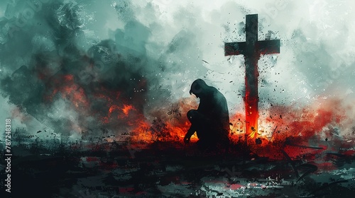 Man kneeling and praying in front of the cross. Digital watercolor painting