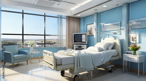 Patient room interior with a large window